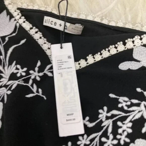 Alice + Olivia Holden Embroidered Cold-shoulder Dress In Black/ Off White - Picture 4 of 8